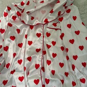 White Satin Pajama Set with Red Hearts